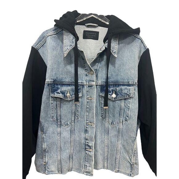 AllSaints Jacket Milena Hooded Denim Size L (US 8) Indigo Blue Black Button - Picture 2 of 10
